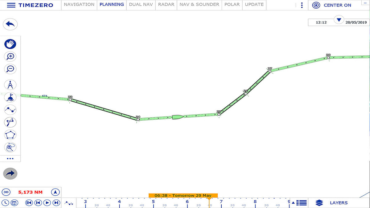 TIMEZERO route planning screen with timeline, for planning trips at home