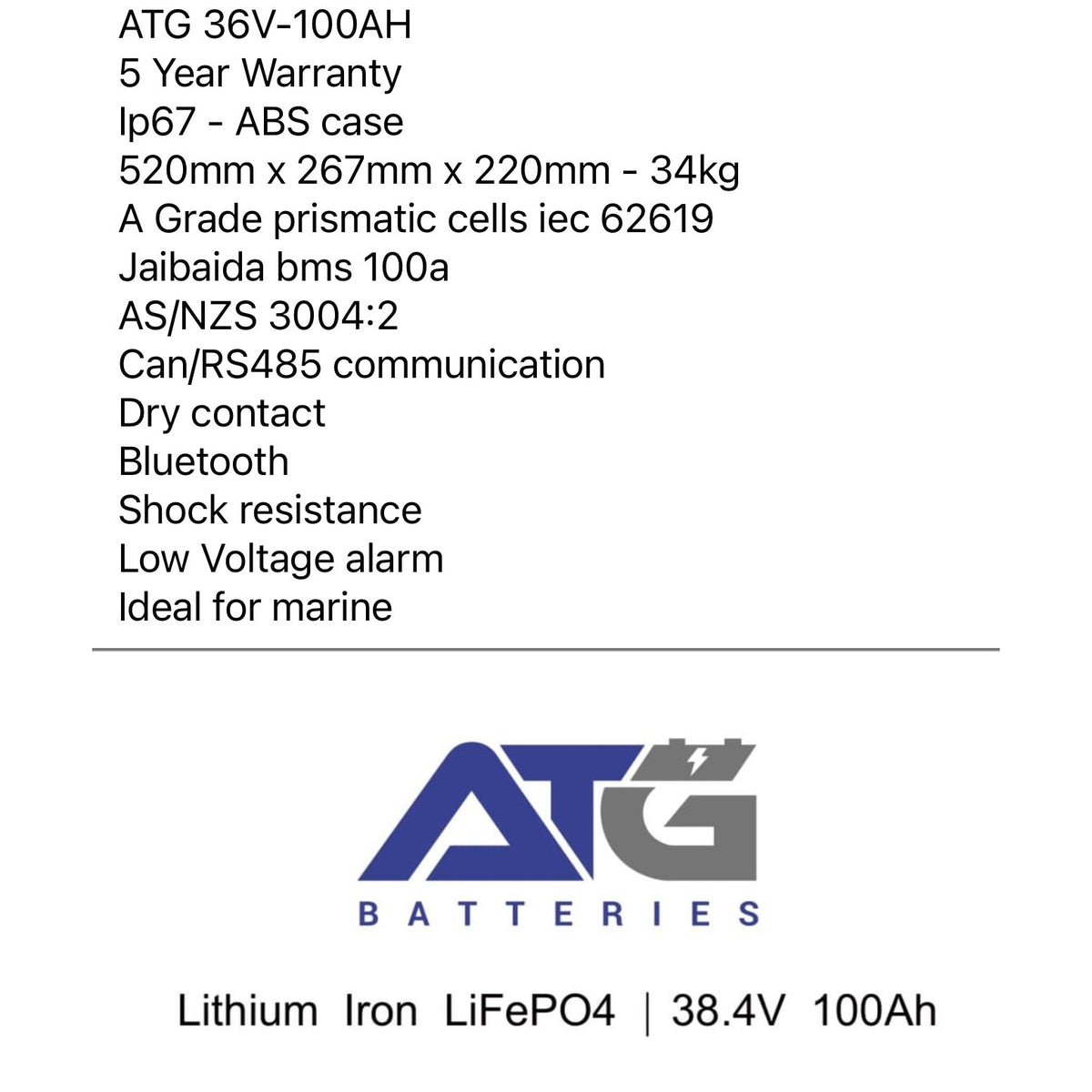 ATG 36V 100Ah lithium battery specifications