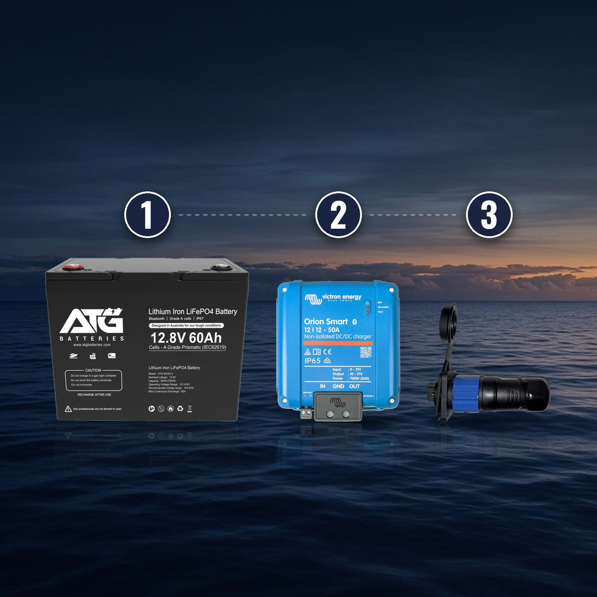 1 ATG lithium battery, 2 Victron Orion DC-DC charger, 3 Hostile electric reel connector
