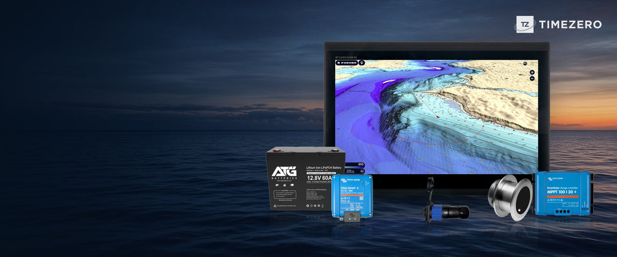 Furuno TZtouch XL display, Furuno transducer, Victron Orion DC-DC charger and MPPT, ATG lithium battery and Hostile reel connector over a dark ocean at dawn, with TimeZero logo