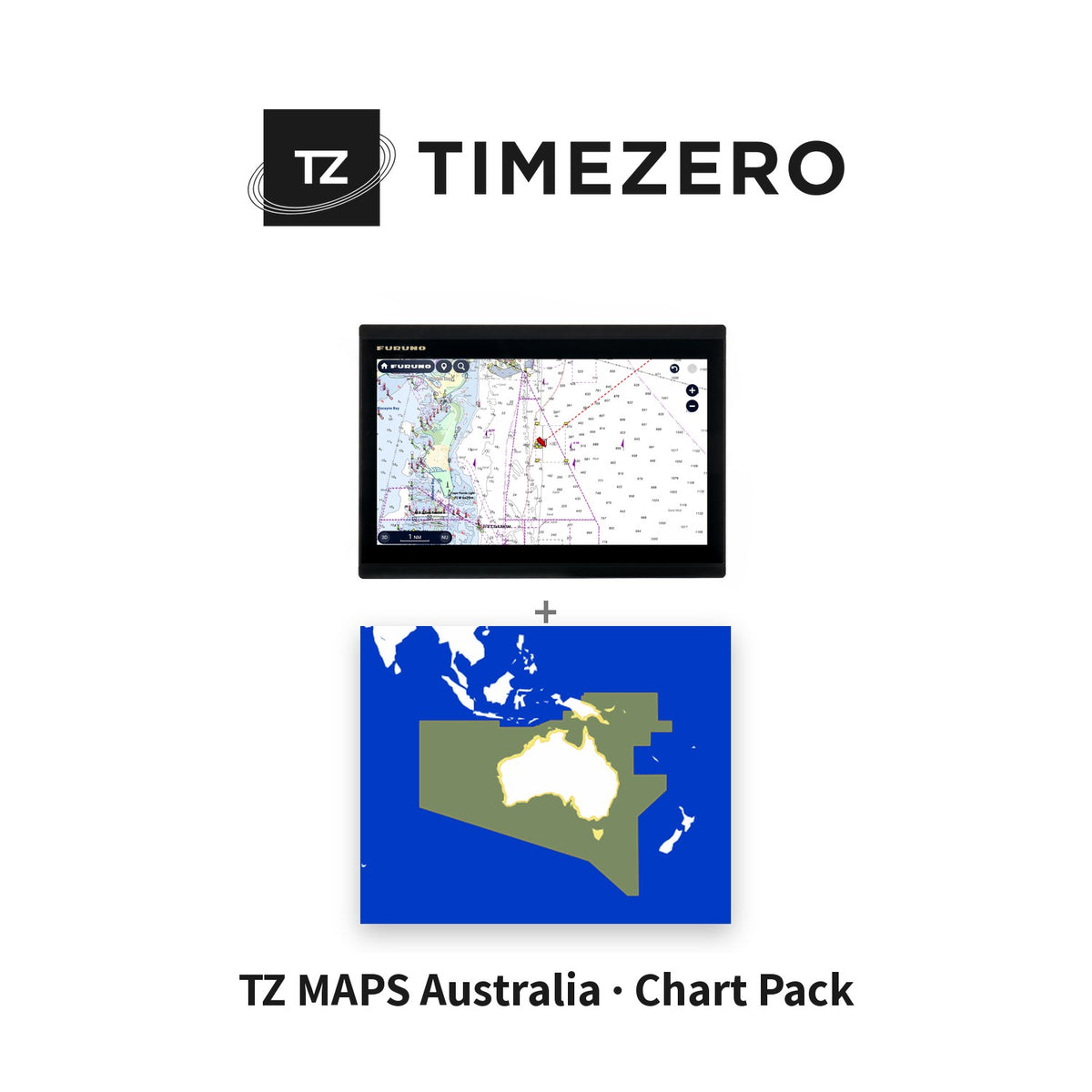 TimeZero TZ MAPS Australia chart pack, showing a Furuno display and the Australia coverage area