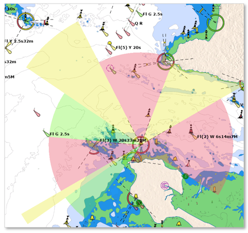 TimeZero Dynamic Lights showing light sectors on a TZ MAPS chart