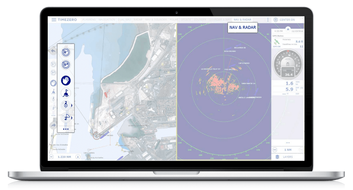 TZ Navigator v5 interface with chart and Furuno radar
