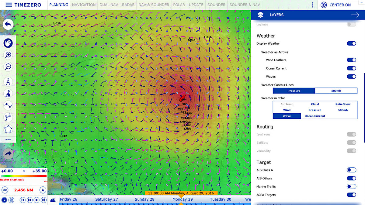 TZ Navigator v5 planning workspace with a wind forecast overlay