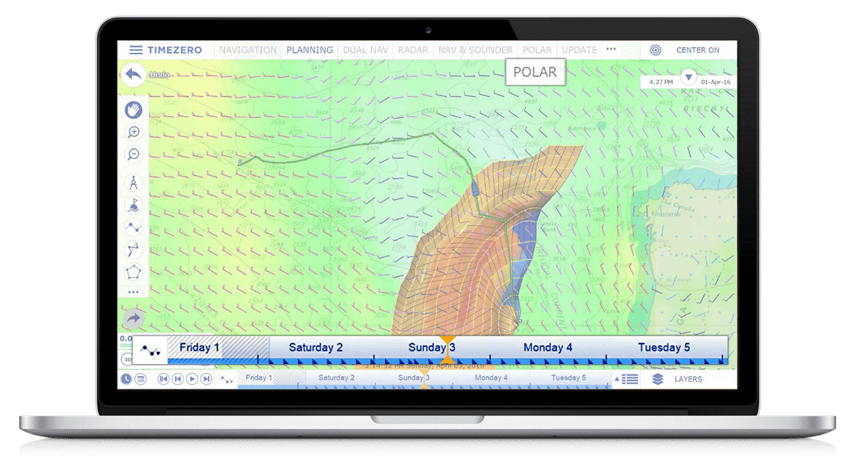 TZ Navigator v5 with the Weather Routing Module: optimised route over a wind forecast