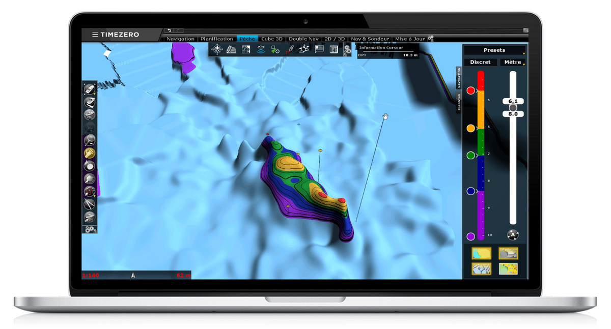 TZ Professional PBG Module: 3D seabed with bottom hardness colour shading, shown on a laptop
