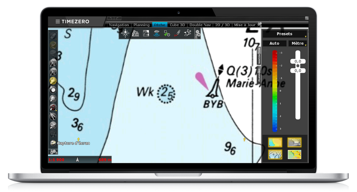 TZ Professional PBG Module: depth filter settings over the chart, shown on a laptop