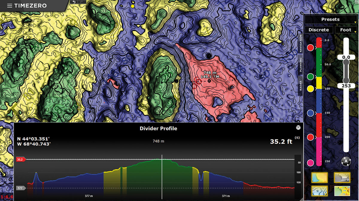 TIMEZERO depth profile tool on a bathymetry chart, as used for planning ashore with Homeport