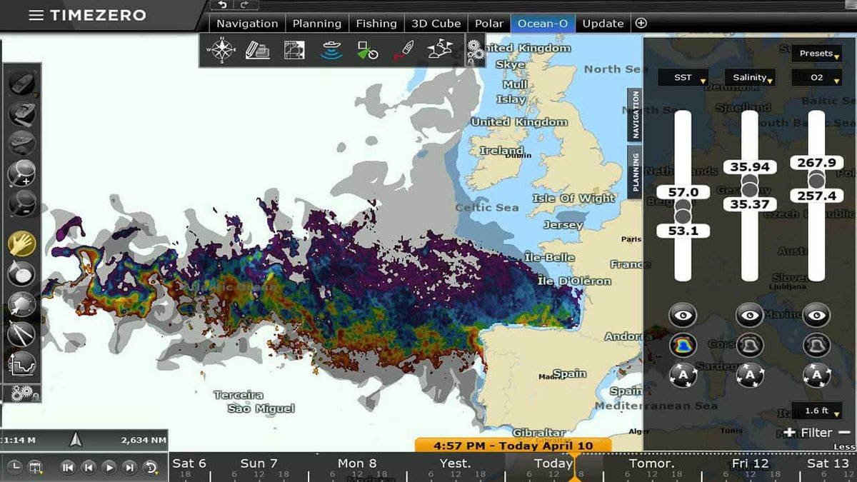 TZ Professional Ocean-O water temperature, salinity and oxygen by depth
