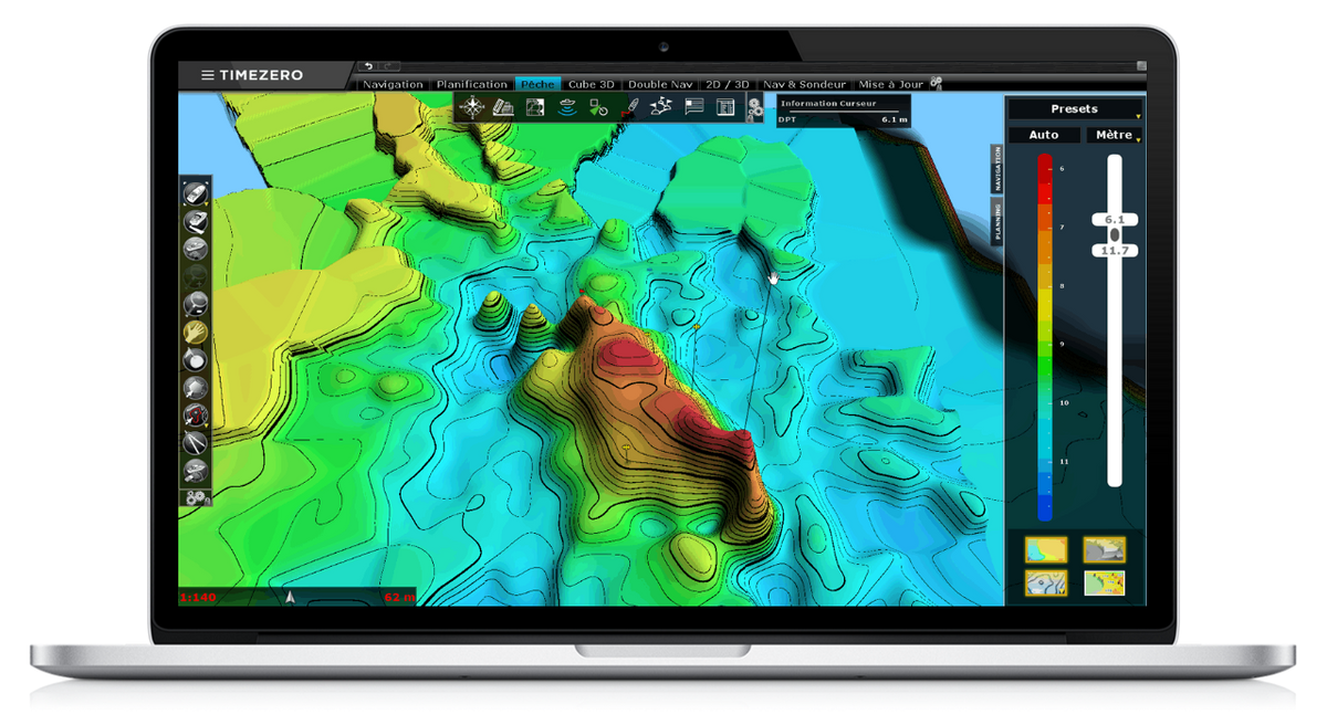 PBG Module in the bundle: personal 3D bathymetry map built from sounder data, shown on a laptop