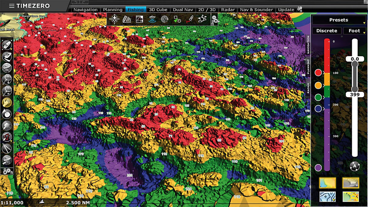 TZ Professional v5 fishing workspace showing a 3D bathymetry chart with depth colour shading