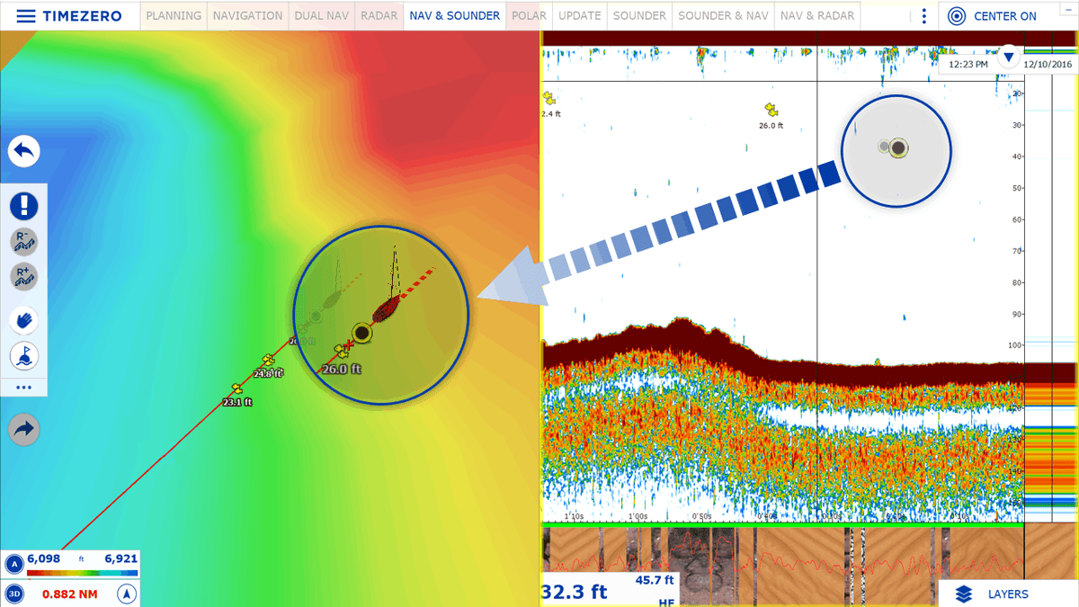 TZ Professional Sounder Module: split screen with chart and echo sounder, marking an event from the sounder