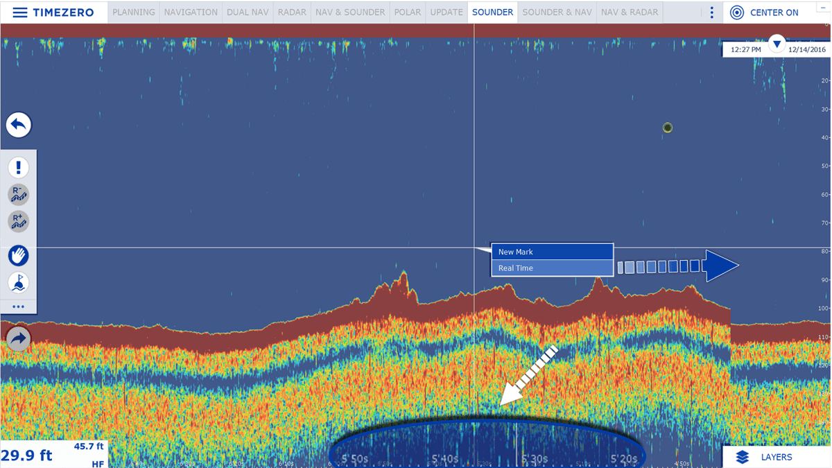 TZ Professional Sounder Module: scrolling echo sounder history display