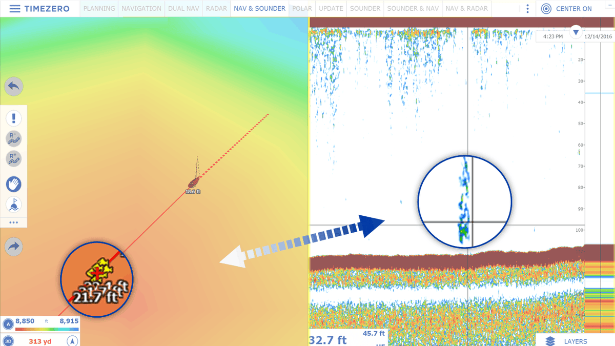 TZ Professional Sounder Module: sounder echoes geo-located on the chart
